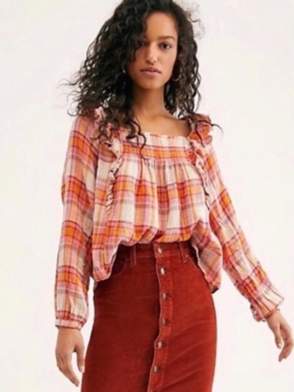 NWT Free People We the Free Siena Plaid Ruffle Top Medium Tea Combo Pink Orange